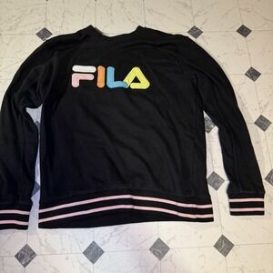 Fila Crewneck Sweatshirt Womens Medium Black Multicolor Logo Pullover